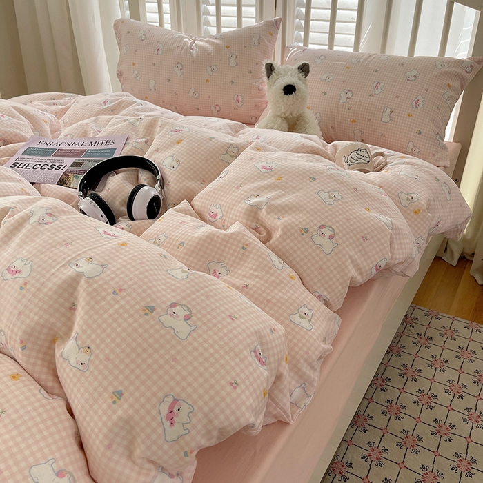 91家纺网 家纺一手货源 找家纺 瑞莱 2025夏季新款全棉纯棉有氧双层纱四件套 格子狗（粉）