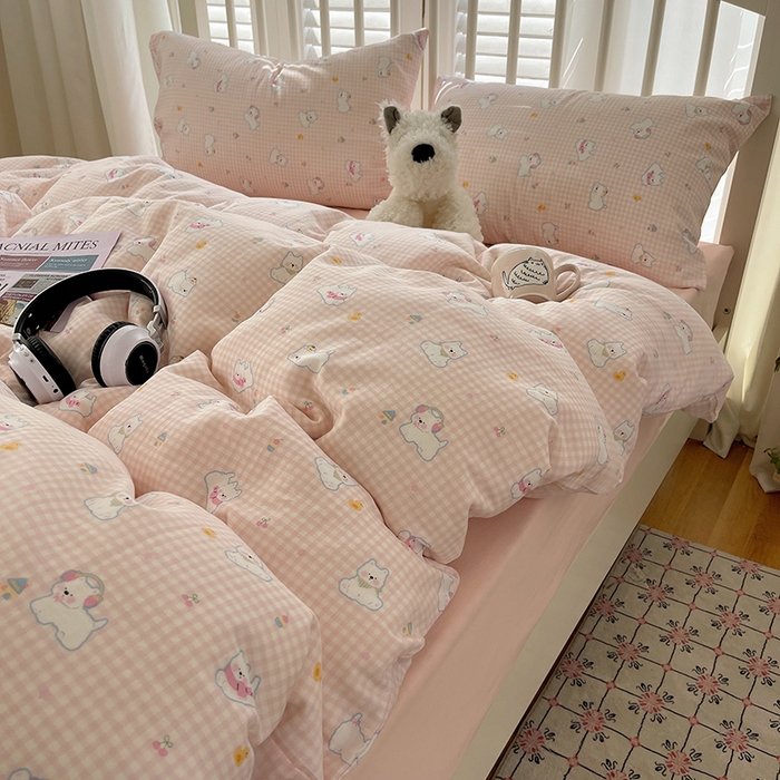 91家纺网 家纺一手货源 找家纺 瑞莱 2025夏季新款全棉纯棉有氧双层纱四件套 格子狗（粉）