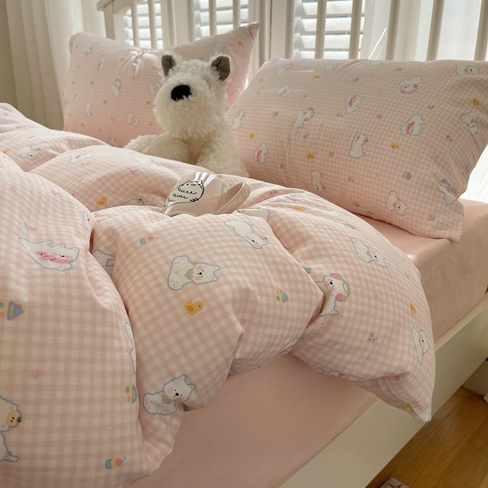 91家纺网 家纺一手货源 找家纺 瑞莱 2025夏季新款全棉纯棉有氧双层纱四件套 格子狗（粉）