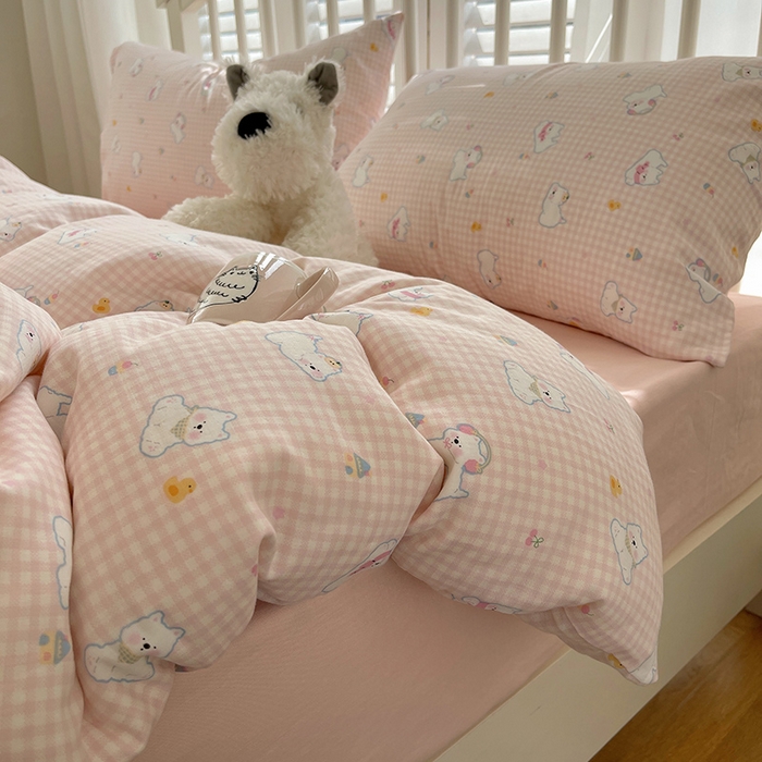 91家纺网 家纺一手货源 找家纺 瑞莱 2025夏季新款全棉纯棉有氧双层纱四件套 格子狗（粉）