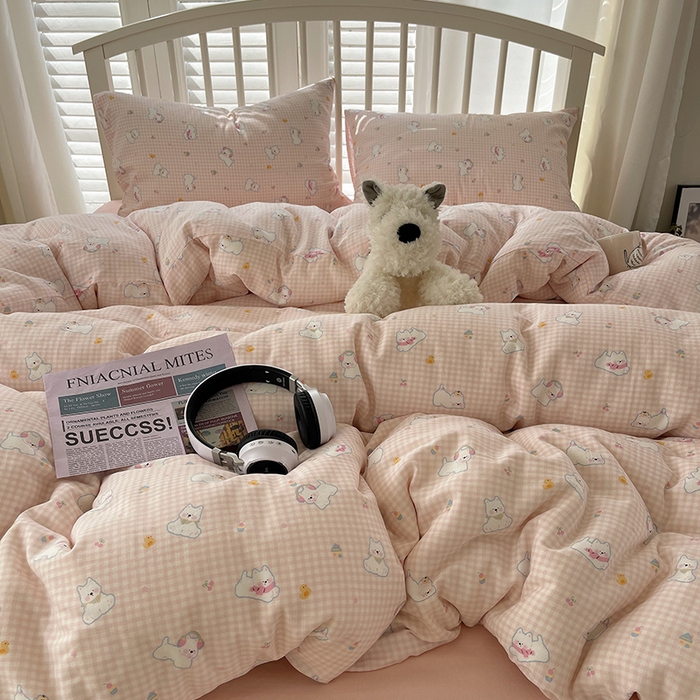 91家纺网 家纺一手货源 找家纺 瑞莱 2025夏季新款全棉纯棉有氧双层纱四件套 格子狗（粉）