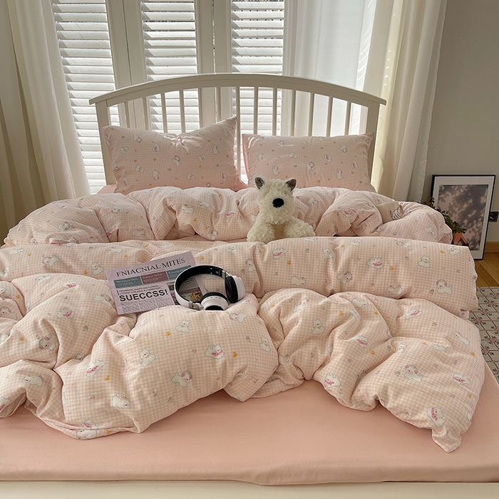 91家纺网 家纺一手货源 找家纺 瑞莱 2025夏季新款全棉纯棉有氧双层纱四件套 格子狗（粉）