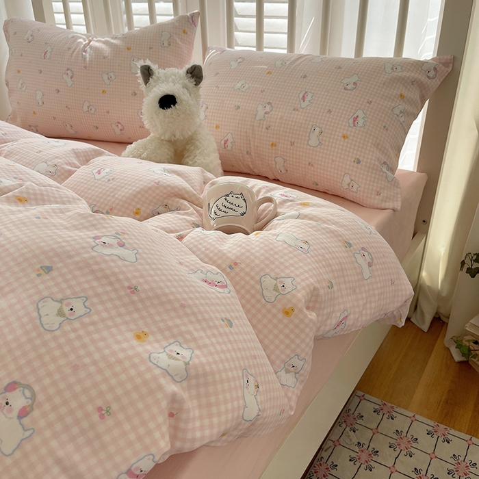 91家纺网 家纺一手货源 找家纺 瑞莱 2025夏季新款全棉纯棉有氧双层纱四件套 格子狗（粉）