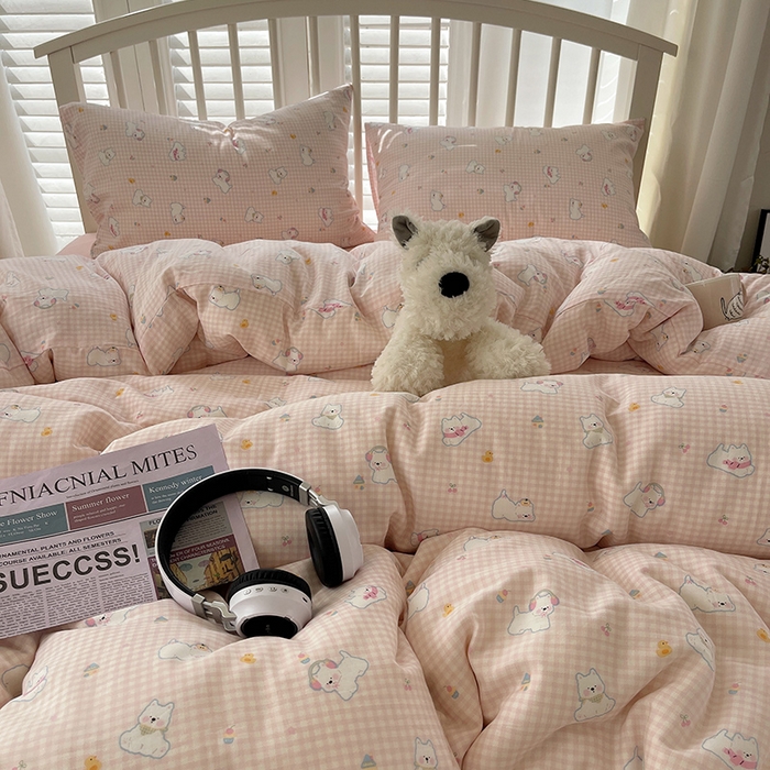 91家纺网 家纺一手货源 找家纺 瑞莱 2025夏季新款全棉纯棉有氧双层纱四件套 格子狗（粉）