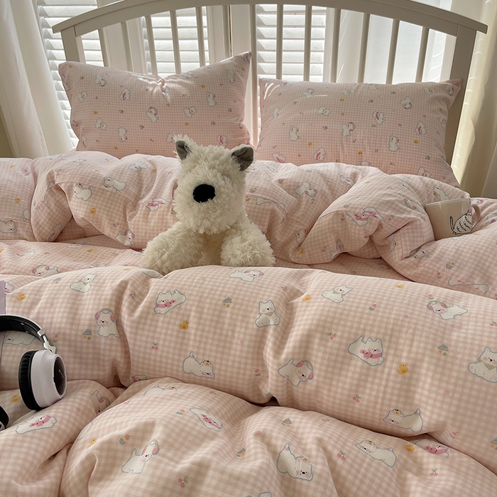 91家纺网 家纺一手货源 找家纺 瑞莱 2025夏季新款全棉纯棉有氧双层纱四件套 格子狗（粉）