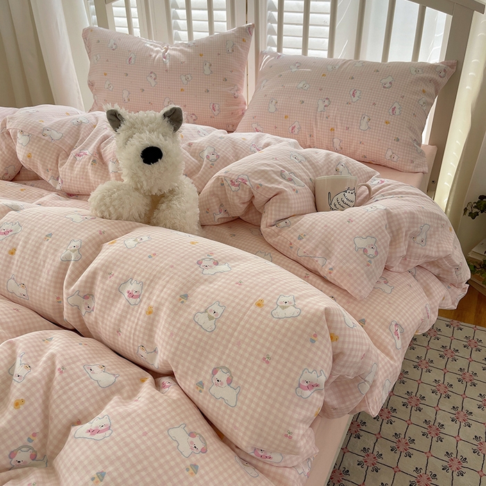 91家纺网 家纺一手货源 找家纺 瑞莱 2025夏季新款全棉纯棉有氧双层纱四件套 格子狗（粉）