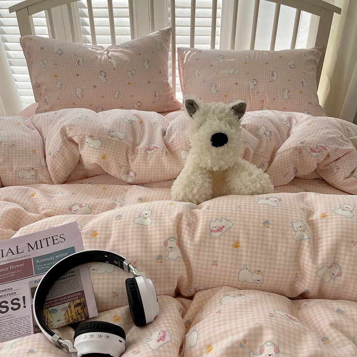 91家纺网 家纺一手货源 找家纺 瑞莱 2025夏季新款全棉纯棉有氧双层纱四件套 格子狗（粉）