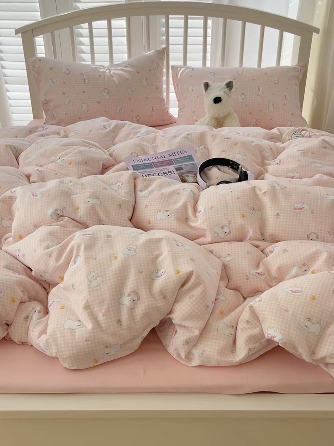 91家纺网 家纺一手货源 找家纺 瑞莱 2025夏季新款全棉纯棉有氧双层纱四件套 格子狗（粉）