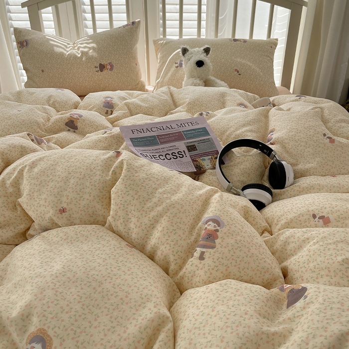 91家纺网 家纺一手货源 找家纺 瑞莱 2025夏季新款全棉纯棉有氧双层纱四件套 春日女孩