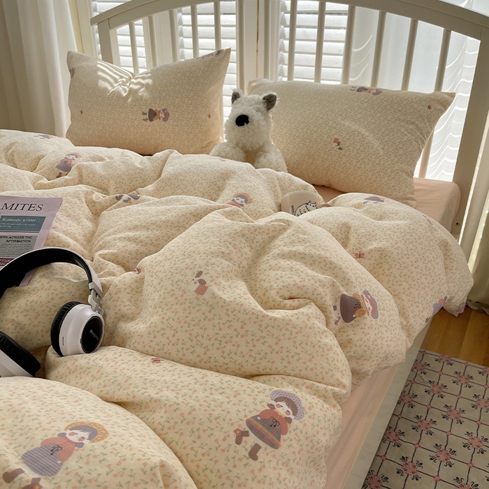 91家纺网 家纺一手货源 找家纺 瑞莱 2025夏季新款全棉纯棉有氧双层纱四件套 春日女孩