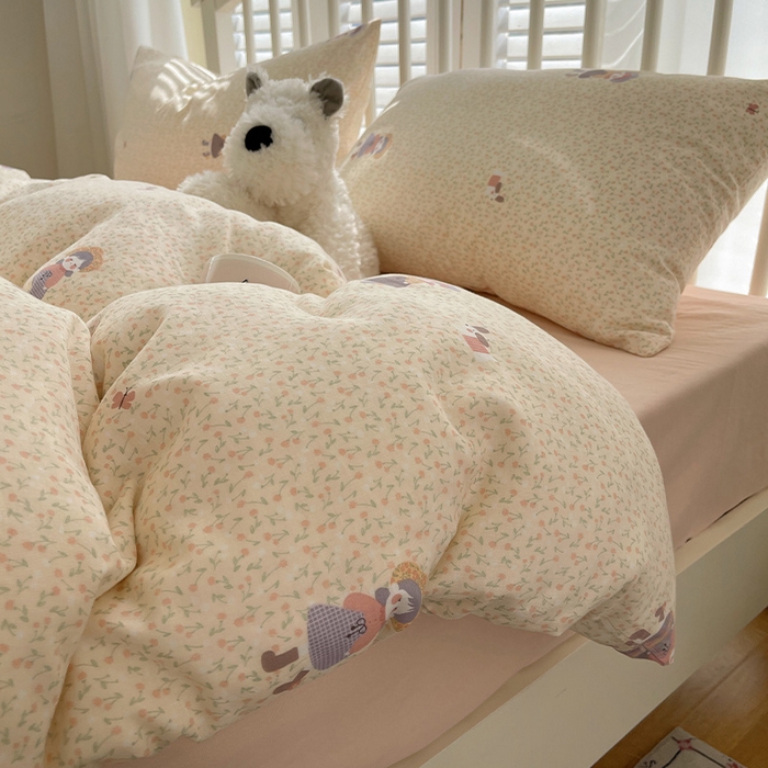 91家纺网 家纺一手货源 找家纺 瑞莱 2025夏季新款全棉纯棉有氧双层纱四件套 春日女孩