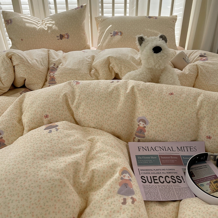 91家纺网 家纺一手货源 找家纺 瑞莱 2025夏季新款全棉纯棉有氧双层纱四件套 春日女孩