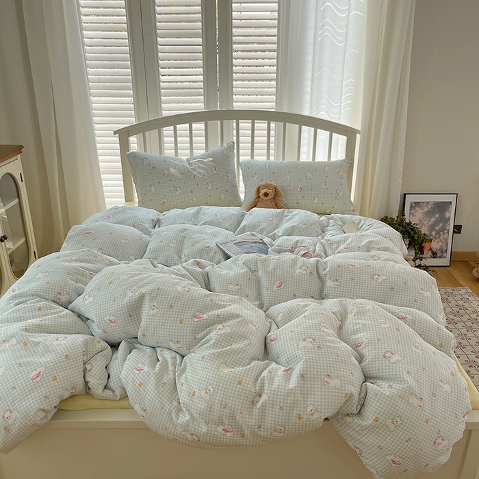 91家纺网 家纺一手货源 找家纺 瑞莱 2025夏季新款全棉纯棉有氧双层纱四件套 格子狗（蓝）