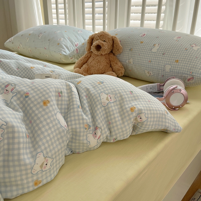 91家纺网 家纺一手货源 找家纺 瑞莱 2025夏季新款全棉纯棉有氧双层纱四件套 格子狗（蓝）