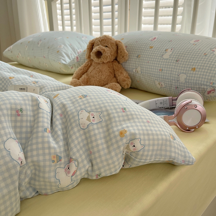 91家纺网 家纺一手货源 找家纺 瑞莱 2025夏季新款全棉纯棉有氧双层纱四件套 格子狗（蓝）