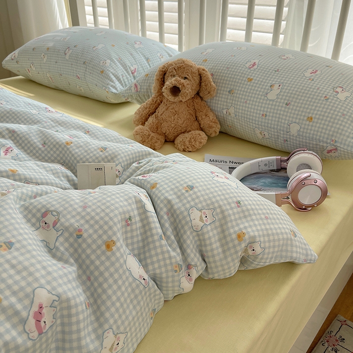 91家纺网 家纺一手货源 找家纺 瑞莱 2025夏季新款全棉纯棉有氧双层纱四件套 格子狗（蓝）