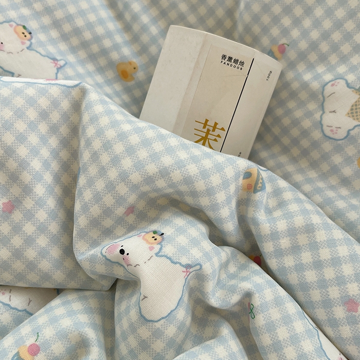 91家纺网 家纺一手货源 找家纺 瑞莱 2025夏季新款全棉纯棉有氧双层纱四件套 格子狗（蓝）
