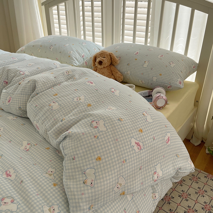 91家纺网 家纺一手货源 找家纺 瑞莱 2025夏季新款全棉纯棉有氧双层纱四件套 格子狗（蓝）