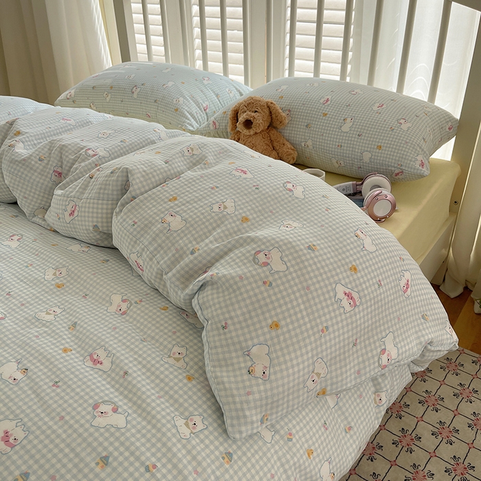 91家纺网 家纺一手货源 找家纺 瑞莱 2025夏季新款全棉纯棉有氧双层纱四件套 格子狗（蓝）