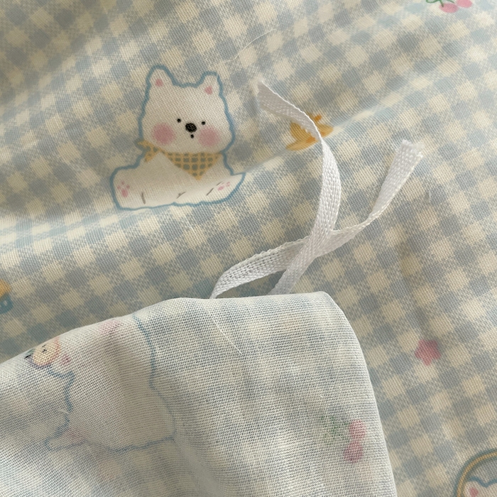 91家纺网 家纺一手货源 找家纺 瑞莱 2025夏季新款全棉纯棉有氧双层纱四件套 格子狗（蓝）