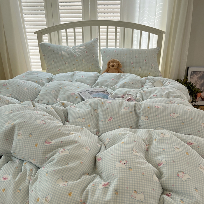 91家纺网 家纺一手货源 找家纺 瑞莱 2025夏季新款全棉纯棉有氧双层纱四件套 格子狗（蓝）