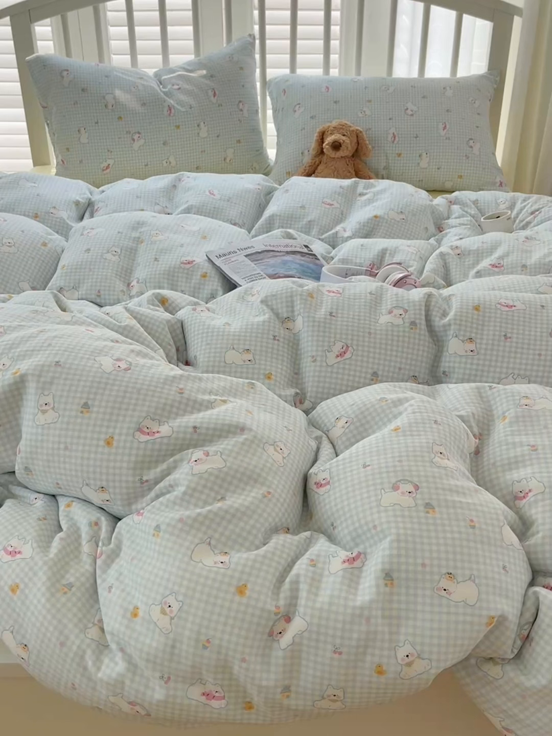 91家纺网 家纺一手货源 找家纺 瑞莱 2025夏季新款全棉纯棉有氧双层纱四件套 格子狗（蓝）