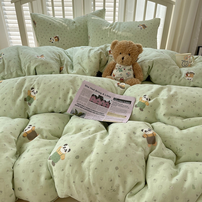 91家纺网 家纺一手货源 找家纺 瑞莱 2025夏季新款全棉纯棉有氧双层纱四件套 功夫熊猫