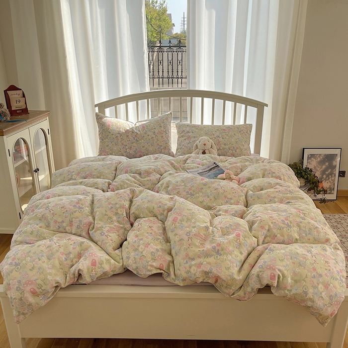 91家纺网 家纺一手货源 找家纺 瑞莱 2025夏季新款全棉纯棉有氧双层纱四件套 何枝小兔