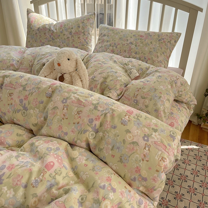 91家纺网 家纺一手货源 找家纺 瑞莱 2025夏季新款全棉纯棉有氧双层纱四件套 何枝小兔