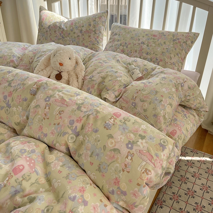 91家纺网 家纺一手货源 找家纺 瑞莱 2025夏季新款全棉纯棉有氧双层纱四件套 何枝小兔