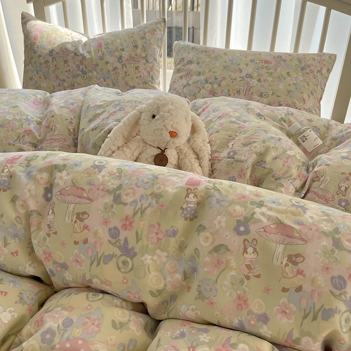 91家纺网 家纺一手货源 找家纺 瑞莱 2025夏季新款全棉纯棉有氧双层纱四件套 何枝小兔