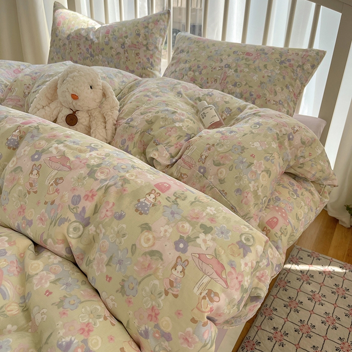 91家纺网 家纺一手货源 找家纺 瑞莱 2025夏季新款全棉纯棉有氧双层纱四件套 何枝小兔