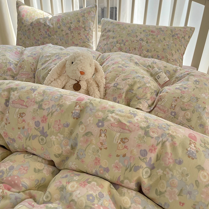 91家纺网 家纺一手货源 找家纺 瑞莱 2025夏季新款全棉纯棉有氧双层纱四件套 何枝小兔