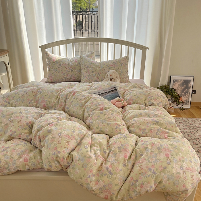 91家纺网 家纺一手货源 找家纺 瑞莱 2025夏季新款全棉纯棉有氧双层纱四件套 何枝小兔