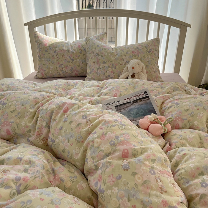 91家纺网 家纺一手货源 找家纺 瑞莱 2025夏季新款全棉纯棉有氧双层纱四件套 何枝小兔