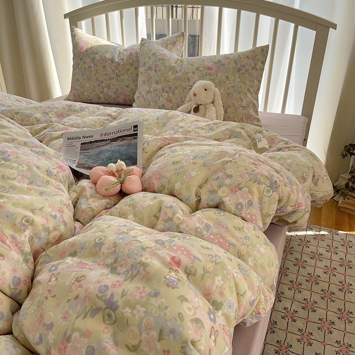 91家纺网 家纺一手货源 找家纺 瑞莱 2025夏季新款全棉纯棉有氧双层纱四件套 何枝小兔