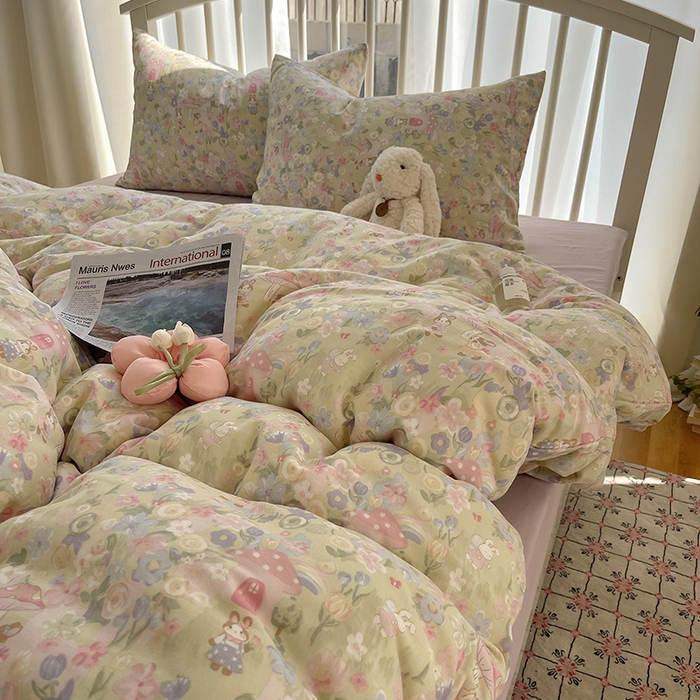 91家纺网 家纺一手货源 找家纺 瑞莱 2025夏季新款全棉纯棉有氧双层纱四件套 何枝小兔