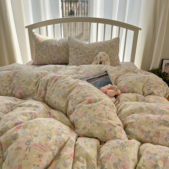 91家纺网 家纺一手货源 找家纺 瑞莱 2025夏季新款全棉纯棉有氧双层纱四件套 何枝小兔