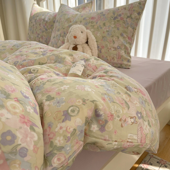 91家纺网 家纺一手货源 找家纺 瑞莱 2025夏季新款全棉纯棉有氧双层纱四件套 何枝小兔