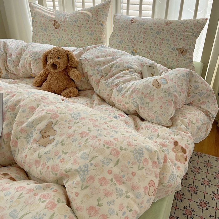 91家纺网 家纺一手货源 找家纺 瑞莱 2025夏季新款全棉纯棉有氧双层纱四件套 花园小狗