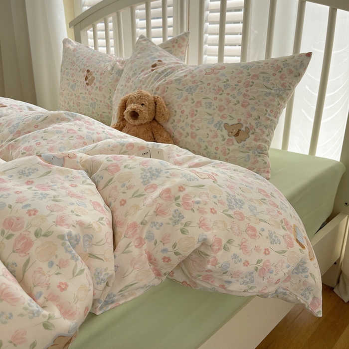 91家纺网 家纺一手货源 找家纺 瑞莱 2025夏季新款全棉纯棉有氧双层纱四件套 花园小狗