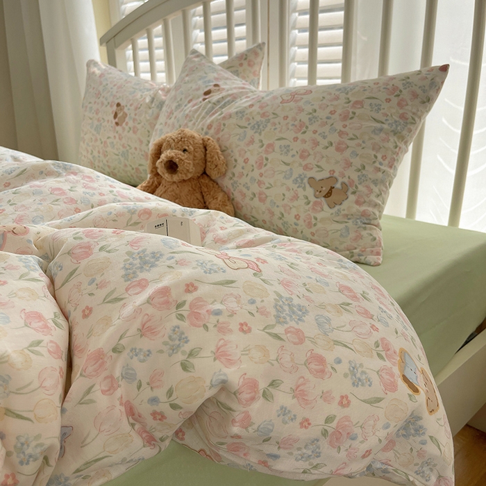 91家纺网 家纺一手货源 找家纺 瑞莱 2025夏季新款全棉纯棉有氧双层纱四件套 花园小狗