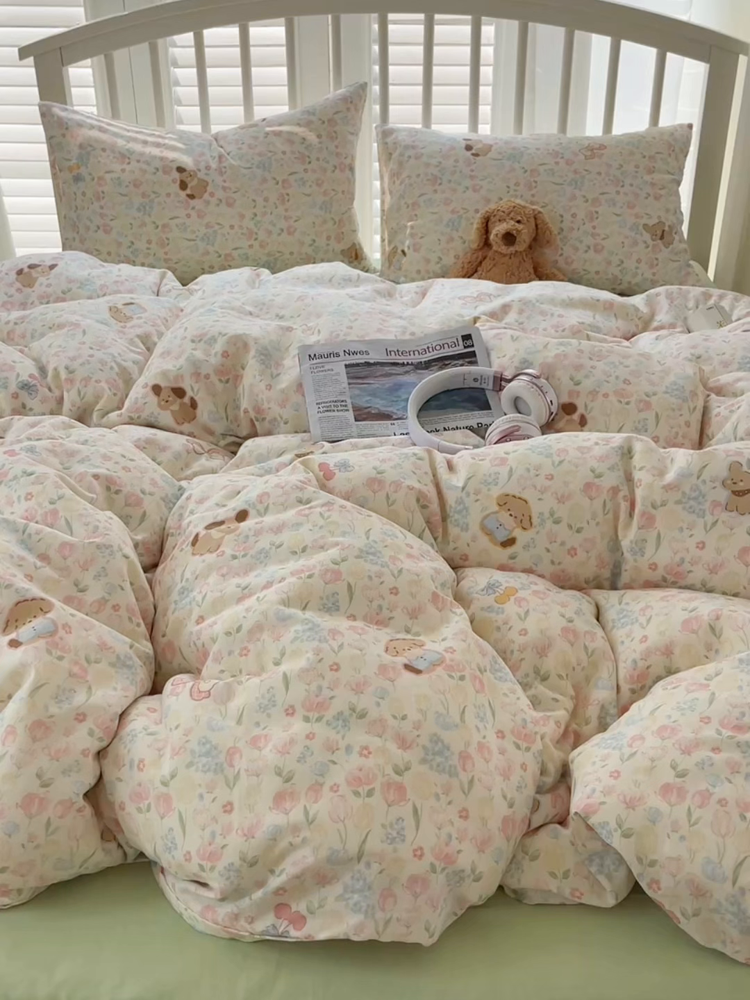 91家纺网 家纺一手货源 找家纺 瑞莱 2025夏季新款全棉纯棉有氧双层纱四件套 花园小狗