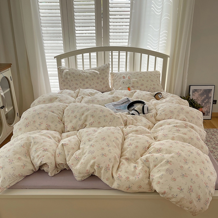 91家纺网 家纺一手货源 找家纺 瑞莱 2025夏季新款全棉纯棉有氧双层纱四件套 萝莉兔