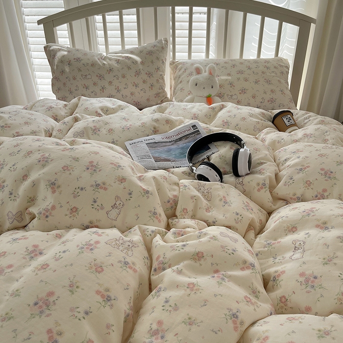 91家纺网 家纺一手货源 找家纺 瑞莱 2025夏季新款全棉纯棉有氧双层纱四件套 萝莉兔