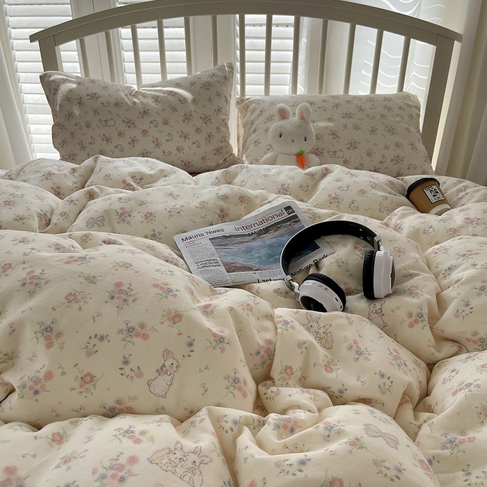 91家纺网 家纺一手货源 找家纺 瑞莱 2025夏季新款全棉纯棉有氧双层纱四件套 萝莉兔