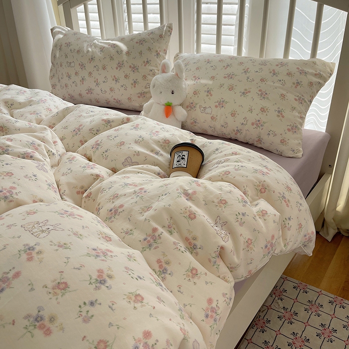 91家纺网 家纺一手货源 找家纺 瑞莱 2025夏季新款全棉纯棉有氧双层纱四件套 萝莉兔