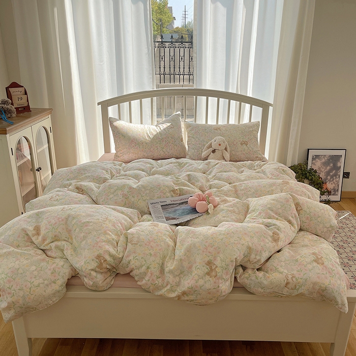 91家纺网 家纺一手货源 找家纺 瑞莱 2025夏季新款全棉纯棉有氧双层纱四件套 梦幻花园兔