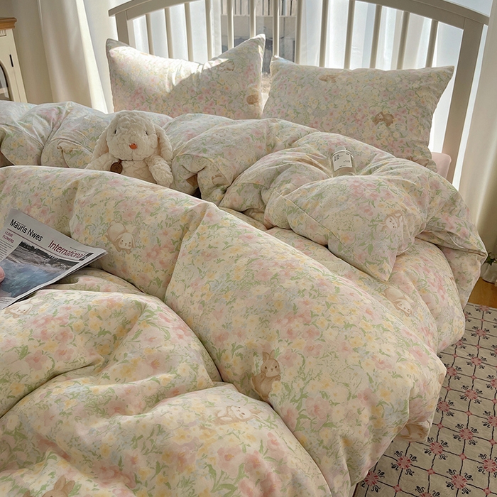 91家纺网 家纺一手货源 找家纺 瑞莱 2025夏季新款全棉纯棉有氧双层纱四件套 梦幻花园兔