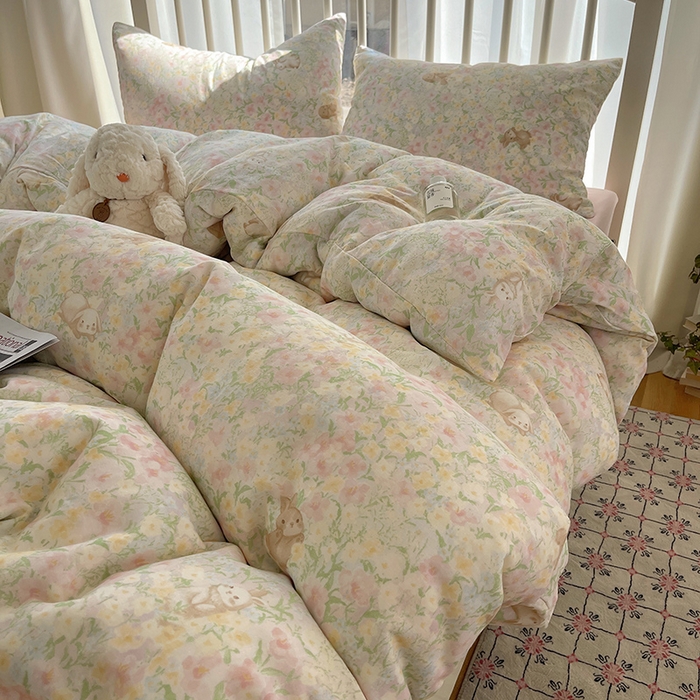 91家纺网 家纺一手货源 找家纺 瑞莱 2025夏季新款全棉纯棉有氧双层纱四件套 梦幻花园兔